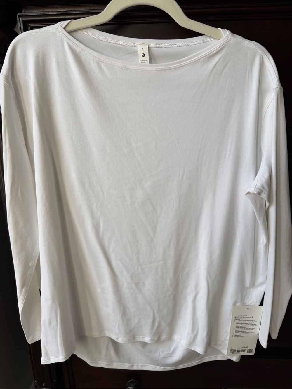 Lululemon, New, White long sleeve, Back in Action Shirt, size 6